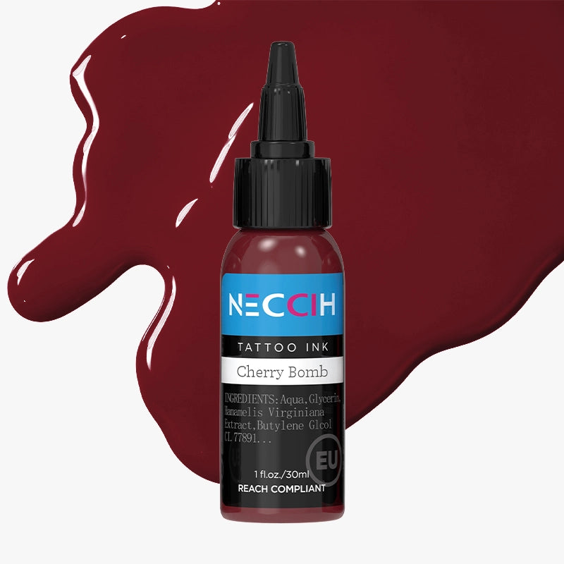 NECCIH Cherry Bomb Tattoo Ink in a 30 ml bottle, displayed against a glossy dark red ink splash on a light gray background.