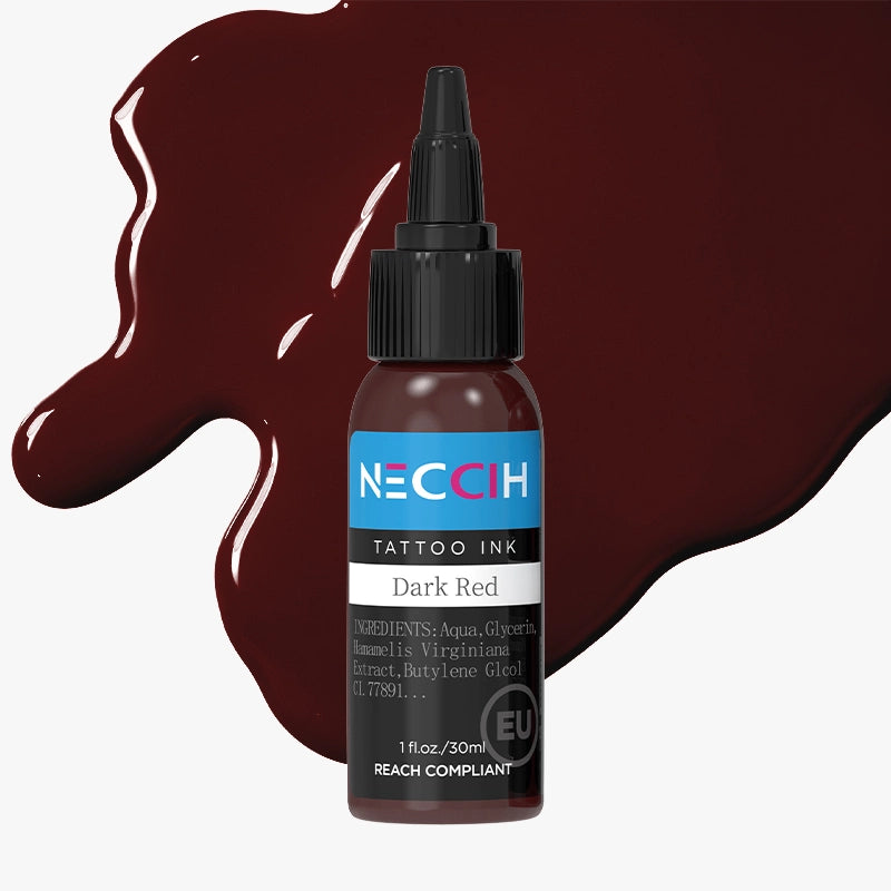 NECCIH Dark Red Tattoo Ink in a 30 ml bottle, displayed against a glossy dark red ink splash on a light gray background.