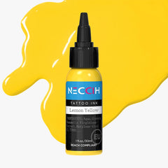 A bottle of NECCAH Tattoo Ink in Lemon Yellow, featuring a black cap and a blue and black label, set against a bright yellow paint splash on a light gray background.