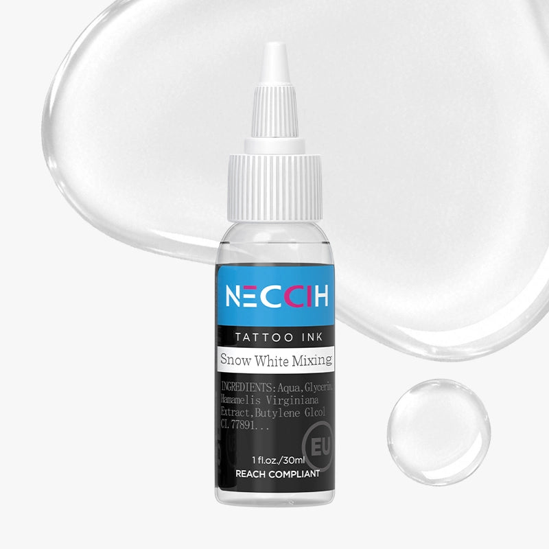 A bottle of NECAH Tattoo Ink in the shade Snow White, featuring a white cap and a black and blue label. The bottle is shown with a clear liquid splash behind it on a light gray background.
