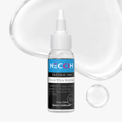 A bottle of NECAH Tattoo Ink in the shade Snow White, featuring a white cap and a black and blue label. The bottle is shown with a clear liquid splash behind it on a light gray background.