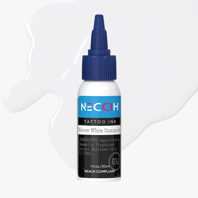 NECCIH tattoo ink in “Snow White Opaque,” a 1 fl oz (30 ml) bottle with a navy blue dropper tip, shown against a glossy white ink splash.