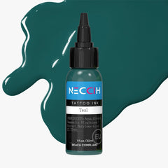 A bottle of NECCIH Tattoo Ink in the shade 'Teal', shown against a light gray background with decorative teal paint splatters. The bottle has a black cap and a label with a dark teal background, black text, and a blue and pink NECCIH logo.