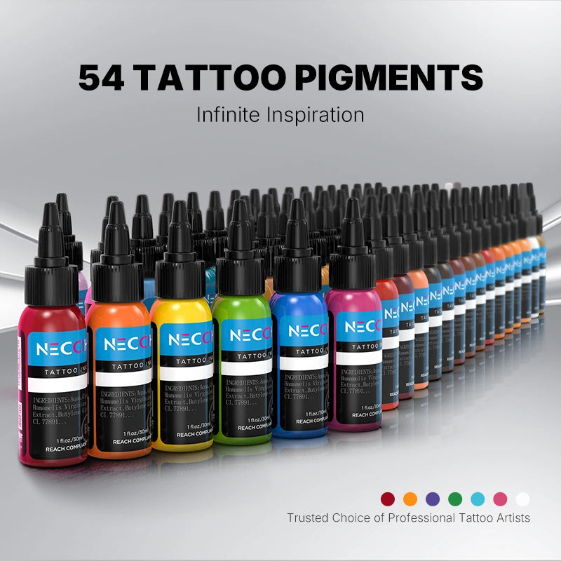 A set of 54 tattoo pigments arranged in two rows under the text '54 COLORS OF TATTOO PIGMENT'