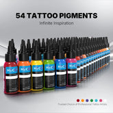 A set of 54 tattoo pigments arranged in two rows under the text '54 COLORS OF TATTOO PIGMENT'