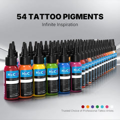 A set of 54 tattoo pigments arranged in two rows under the text '54 COLORS OF TATTOO PIGMENT'