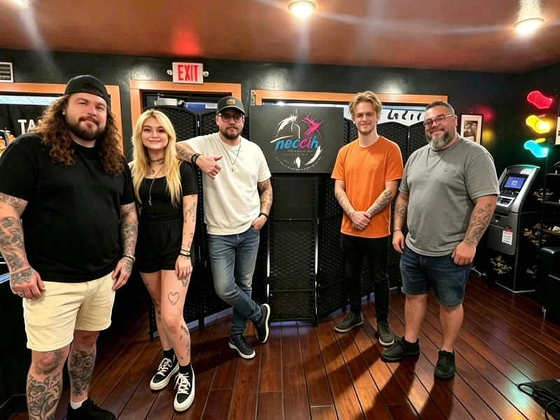 Five people posing together in a bar or studio environment with a 'neccih' logo sign in the background.