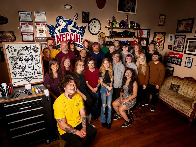 A large group of people posing together in a decorated workshop or studio room with wood floors, shelves, framed pictures, a tool chest, and a sofa. A large 'NECCIH' logo is visible on the wall behind them, along with a whiteboard filled with sketches.