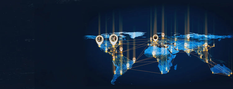 A stylized glowing world map graphic on a dark blue background, with connected nodes and lines and several circular location pins overlaid across the continents.