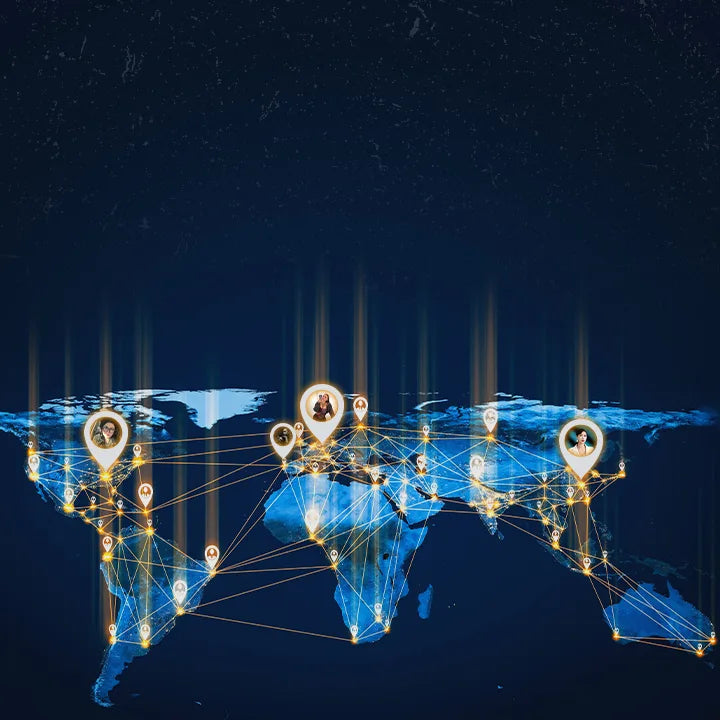A stylized glowing world map on a dark blue background, with bright yellow network lines connecting illuminated location pins and small human figures inside some pins.