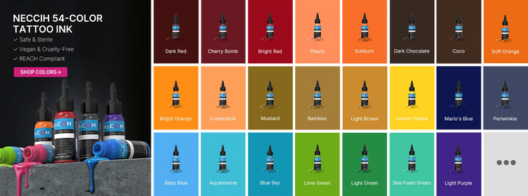 A collage showing several small bottles of neccih tatoo ink with black caps, alongside a large grid of color options labeled with names like Dark Red, Bright Red, Soft Orange, Lemon Yellow, Cocoa, Mario's Blue, and True Black. Pink and blue paint are shown dripping from one bottle on a dark surface.