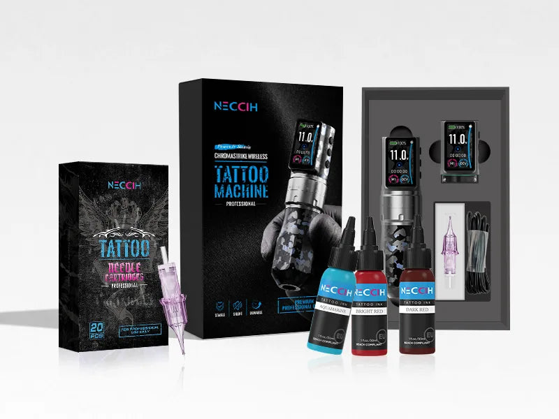 NECCIH Tattoo Machine Professional kit with a large product box, a smaller accessory box, a tattoo pen device, three ink bottles in blue, black, and red, and a pen needle kit on a light gray background.
