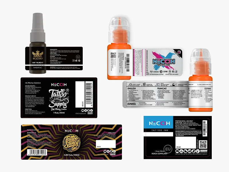 A collage of NECCIH Tattoo Supply products on a light gray background, including small bottles with orange caps, black-and-white labels, and a purple-and-gold patterned box.
