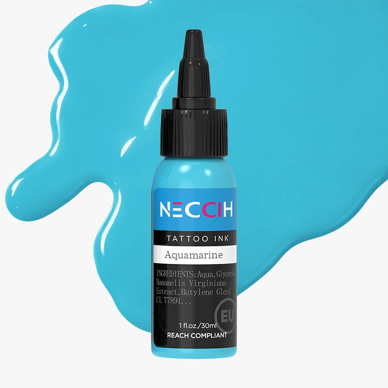 A bottle of NECCIH Tattoo Ink in the color 'Aquamarine' shown against a light gray background with a large decorative splash of the same blue ink behind it. The bottle has a black cap and a label with blue, white, and black sections.