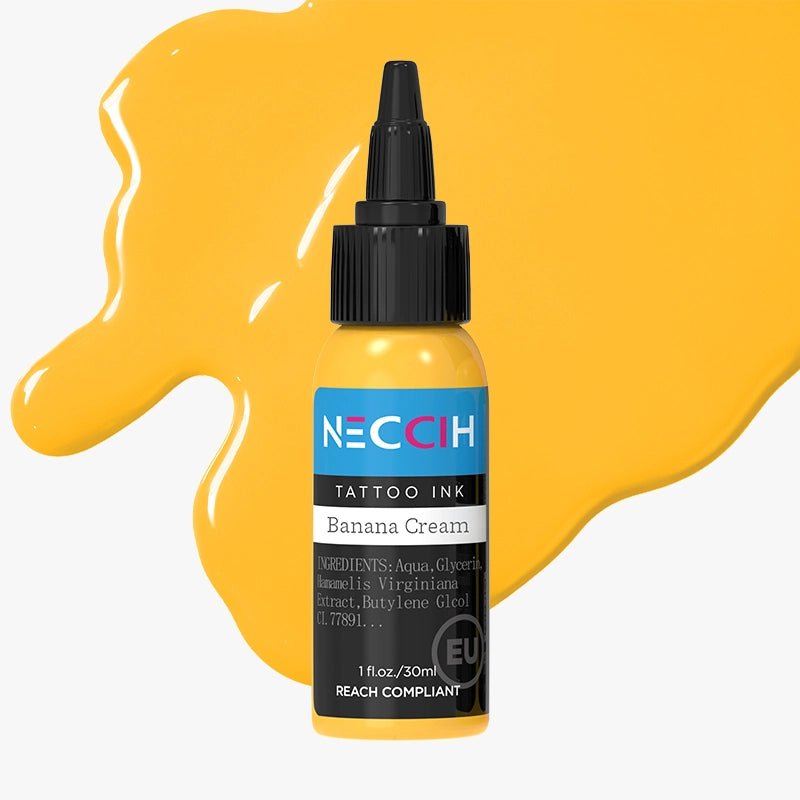 A bottle of NECHH Tattoo Ink in Banana Cream color, shown against a light gray background with a large yellow paint splash behind it.