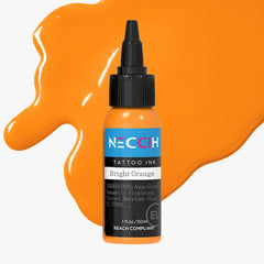 A bottle of NECCIH Bright Orange tattoo ink with a black cap, set against a light gray background with decorative orange paint splatters.