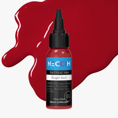 A 1 fl.oz. bottle of NECCih Tattoo Ink in the shade Bright Red, set against a glossy red liquid splash on a light gray background.