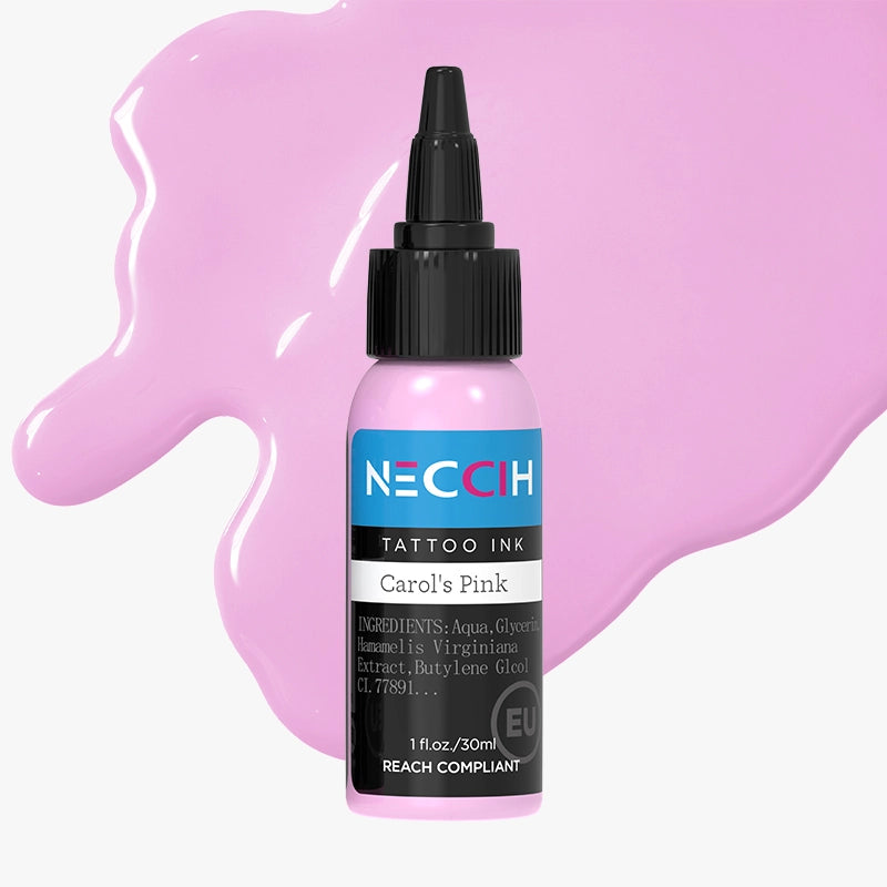 A bottle of NECCIH Tattoo Ink in the shade 'Carol's Pink', featuring a black cap and a black-and-blue label, set against a light gray background with pink liquid splashes.