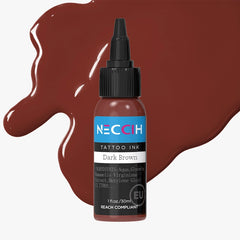 NECCIH tattoo ink bottle with a black cap, shown on a light gray background with dark brown  colored ink splatters.