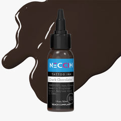 A bottle of NECCIH Tattoo Ink in the shade 'Dark Chocolate' centered against a light gray background with a large dark brown chocolate splash graphic behind it.