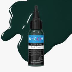A bottle of NECCIH Tattoo Ink in the shade Dark Green, set against a large, glossy dark green paint splash on a light gray background.