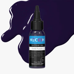 A bottle of NECCH Tattoo Ink in the shade Dark Purple, shown against a light gray background with decorative dark purple ink splatters.