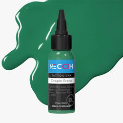 A bottle of NECCH Tattoo Ink in the color 'Dragon Green' with a black cap, set against a large glossy green paint splash on a light gray background.