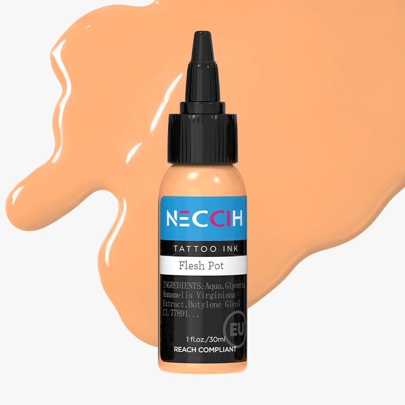 A bottle of NECCIH Tattoo Ink in the shade Flesh Pot, shown against a light gray background with a large peach-colored paint splash behind it.