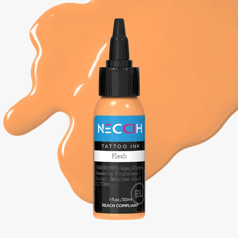 NECCIH Flesh Tattoo Ink in a 30 ml bottle, displayed against a glossy peach-orange ink splash on a light gray background.