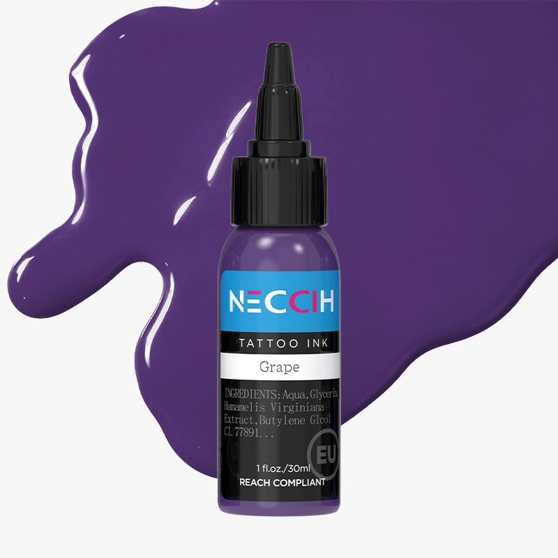 A bottle of NECCIH Grape Tattoo Ink with a black cap and a purple label, shown against a light gray background with purple paint splashes.