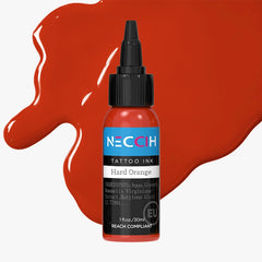 A 1 fl.oz. bottle of NECCih Tattoo Ink in the shade Hard Orange, set against a glossy orange liquid splash on a light gray background.