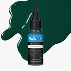NECGIH Tattoo Ink bottle in Hunter Green, shown with hunter green ink splashes on a white background.