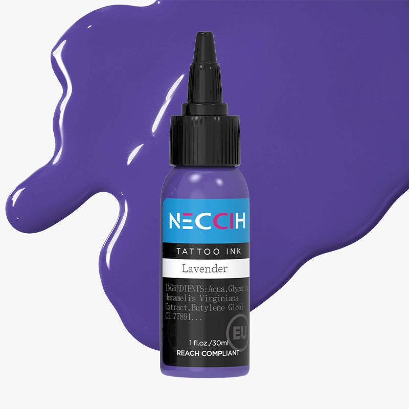A bottle of NECCIH Lavender Tattoo Ink with a black cap, set against a light gray background with purple paint splatters.