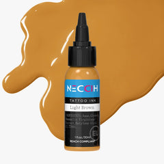 A bottle of NECCH Tattoo Ink in the shade Light Brown, set against a glossy, abstract splash of the same light brown ink on a light gray background.