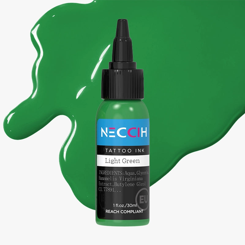 A bottle of NECCIH Light Green Tattoo Ink with a black cap, set against a light gray background with green paint splatters.