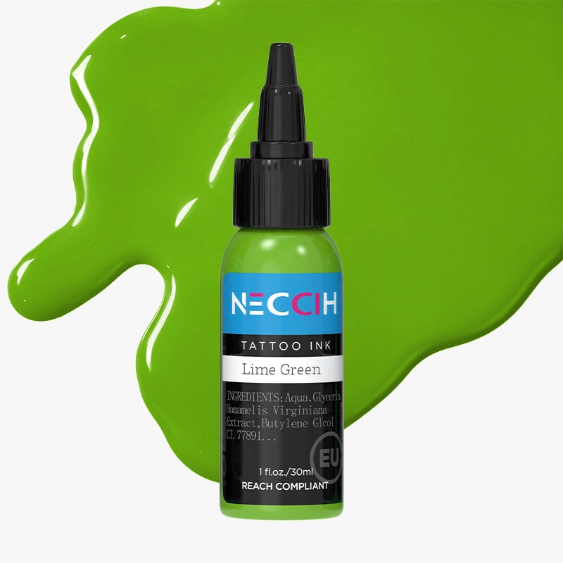 A bottle of NECCIH Lime Green tattoo ink with a black cap, set against a light gray background with decorative lime green paint splatters.