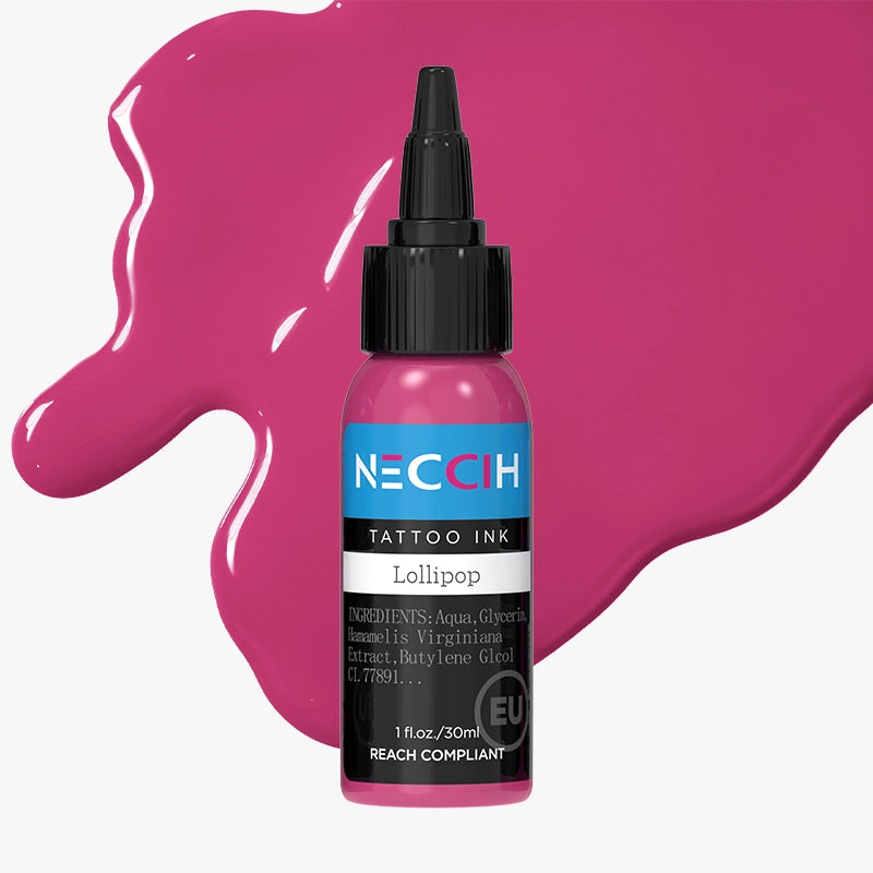 NECCIH Lollipop hot pink tattoo ink, 1 oz / 30 ml, REACH compliant, with black dropper cap