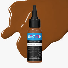 A bottle of NECCIH Tattoo Ink in the shade 'Medium Brown' centered against a light gray background with a large medium brown splash graphic behind it.