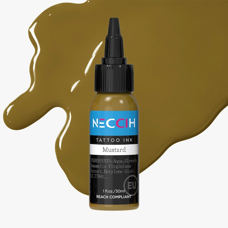NECHAH Tattoo Ink in the 'Mustard' colorway, shown in a 1 fl.oz.