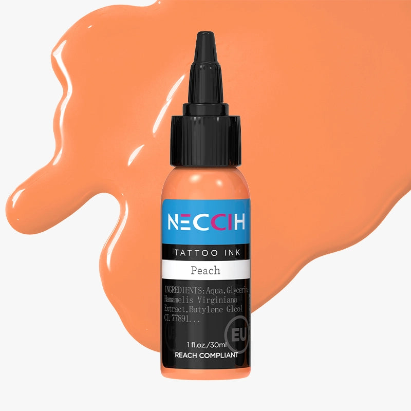 A bottle of NECCH Tattoo Ink in the shade Peach, shown against a light gray background with a large peach-colored liquid splash behind it.