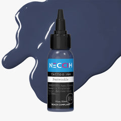 A bottle of NECCIH Tattoo Ink in the shade Periwinkle, shown against a light gray background with a large, glossy splash of the same blue ink behind it. The bottle is dark periwinkle blue with a black cap and a label featuring blue, white, and black sections.