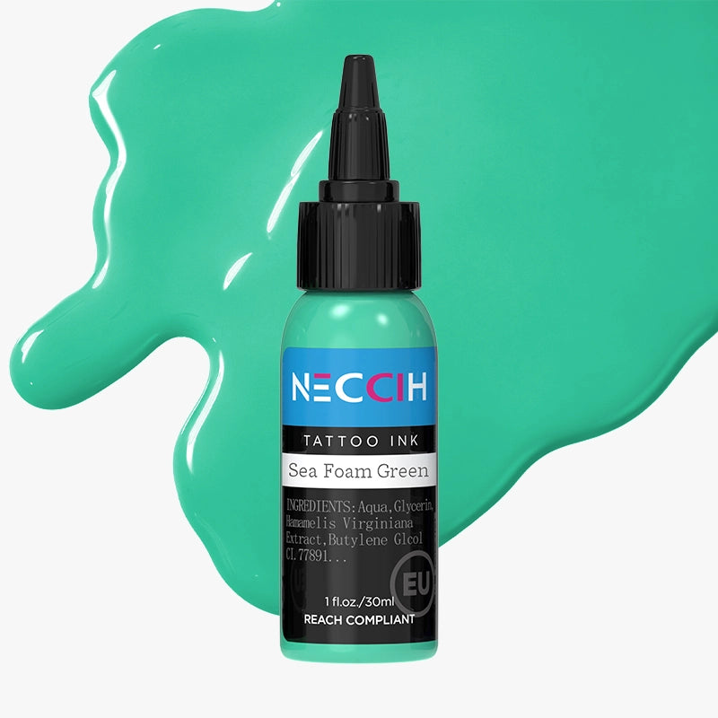 A bottle of NECCIH Sea Foam Green Tattoo Ink centered in front of a glossy turquoise paint splash on a light gray background.
