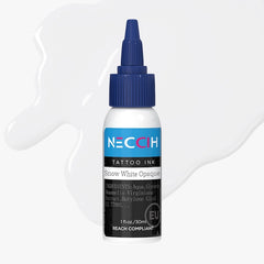 NECCIH tattoo ink in “Snow White Opaque,” a 1 fl oz (30 ml) bottle with a navy blue dropper tip, shown against a glossy white ink splash.
