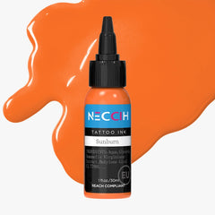 NECCIH Tattoo Ink in a 30 ml bottle, displayed against a glossy sunbrun orange ink splash on a light gray background.