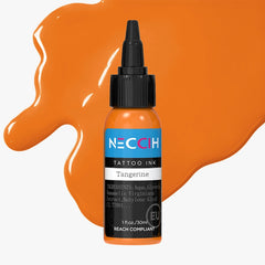 A bottle of NECCIH Tattoo Ink in the Tangerine shade, featuring a black cap and a label with orange, white, and blue text. The bottle is centered against a light gray background, surrounded by stylized orange paint splatters.