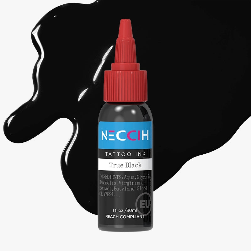 NECGH True Black tattoo ink bottle with a red cap, shown on a light gray background with black ink splatters.