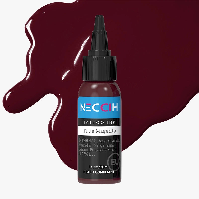 NECCIH Tattoo Ink bottle in True Magenta, featuring a black cap and a label with blue, black, and white text, set against a white gray background with magenta ink splatters.