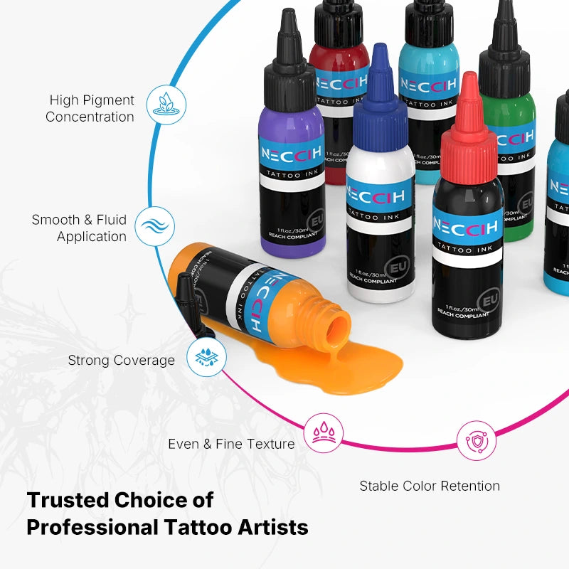 Neccih tattoo inks in vibrant colors featuring high pigment concentration, smooth application, strong coverage, and stable color retention.