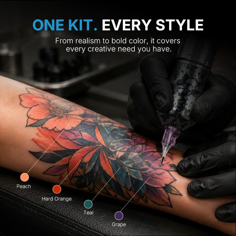 Tattoo artist using a wireless tattoo machine to create a colorful floral tattoo, featuring Peach, Hard Orange, Teal, and Grape ink shades for different tattoo styles.
