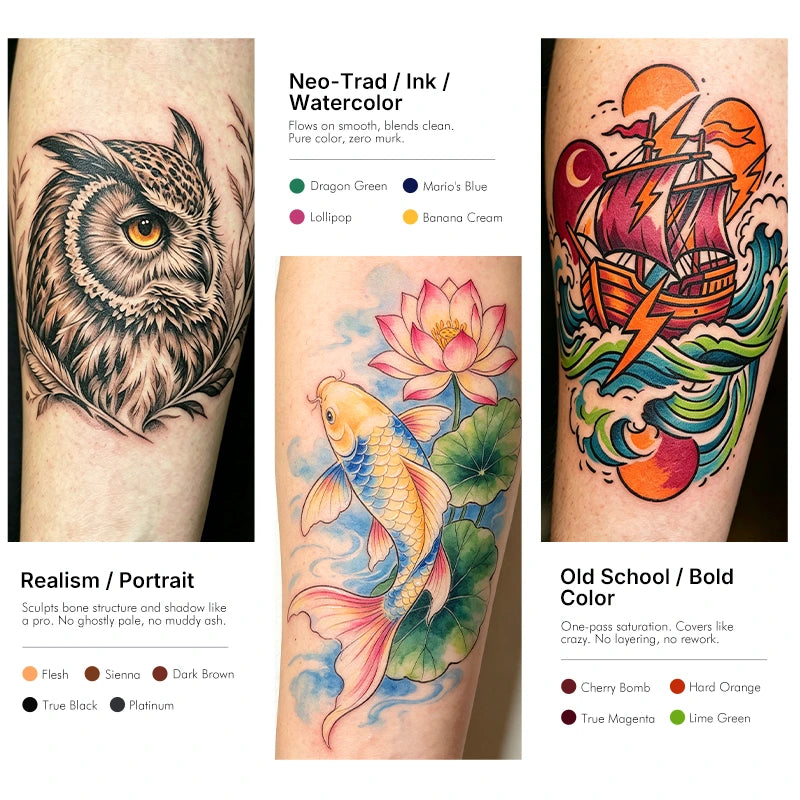 Neccih tattoo ink colors showcased across realism, watercolor, neo-traditional, and old-school tattoo styles, featuring owl, koi fish, and bold sailing ship designs.